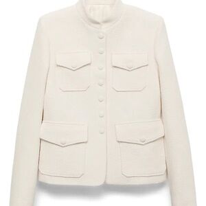 Mango Cream Bouclé Pocketed Collarless Jacket